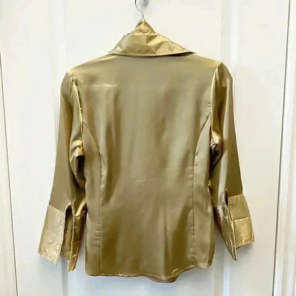 Suzy Shier Wrap Blouse Gold Satin V Neck Tie Waist 3/4 Sleeve Sash  Belt Size XS - Picture 6 of 16